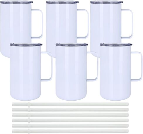 JYLJINGYULI 6 Pack 12 oz Sublimation Tumblers with handle Coffee Blanks, with Lid and Straw Cups Blank Bulk, Straight Skinny Insulated Cup Stainless Steel Water Bottle for Craft DIY… in Saudi Arabia