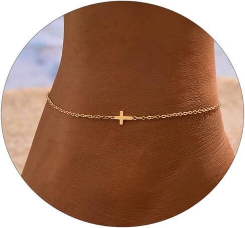Anklets for Women 14K Gold Plated Anklets Waterproof Ankle Bracelets for Women Silver Ankle Bracelet Layered Cross Satellite Bowknot Flower Pearl Beach Anklets Cute Jewelry Gift in Saudi Arabia