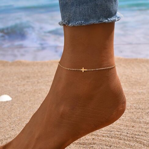 Anklets for Women 14K Gold Plated Anklets Waterproof Ankle Bracelets for Women Silver Ankle Bracelet Layered Cross Satellite Bowknot Flower Pearl Beach Anklets Cute Jewelry Gift in Saudi Arabia