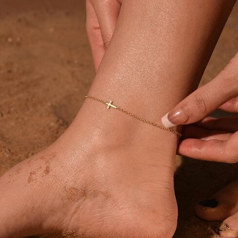 Anklets for Women 14K Gold Plated Anklets Waterproof Ankle Bracelets for Women Silver Ankle Bracelet Layered Cross Satellite Bowknot Flower Pearl Beach Anklets Cute Jewelry Gift in Saudi Arabia