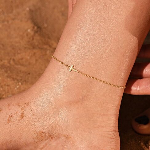 Anklets for Women 14K Gold Plated Anklets Waterproof Ankle Bracelets for Women Silver Ankle Bracelet Layered Cross Satellite Bowknot Flower Pearl Beach Anklets Cute Jewelry Gift in Saudi Arabia