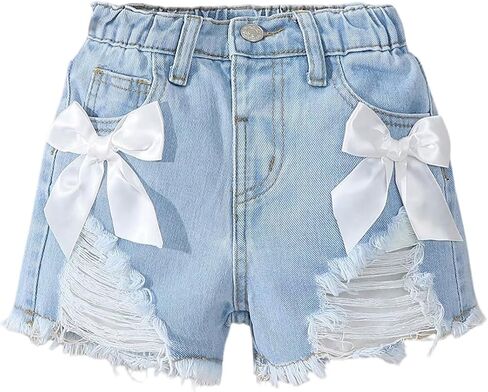 Verdusa Toddler Girl's Coquette Bowknot Ripped Jeans Distressed Denim Shorts with Pockets in Saudi Arabia