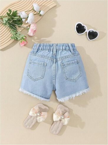 Verdusa Toddler Girl's Coquette Bowknot Ripped Jeans Distressed Denim Shorts with Pockets in Saudi Arabia