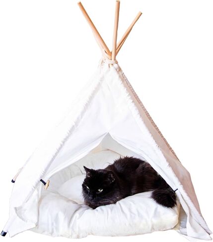 Pet Teepee with Soft Cushion for Dogs, Cats, Rabbits and Puppies, Portable Pet Tent, White Dog Tent. Pet House with Bed, Washable Dog Teepee, Portable Dog House (White) in Kuwait