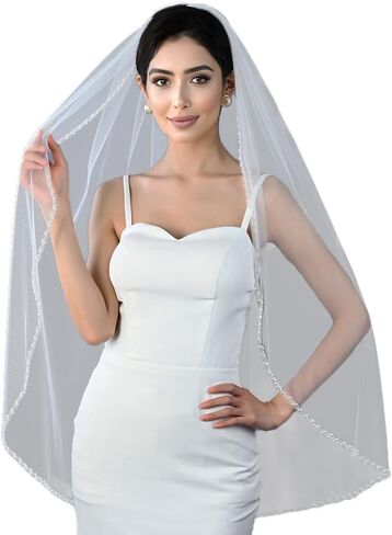Wedding Veils for Brides 1 Tier Fingertip Length Veils for Women Wedding, Hand-sewn Pearls and Crystals Beaded Edge in Saudi Arabia