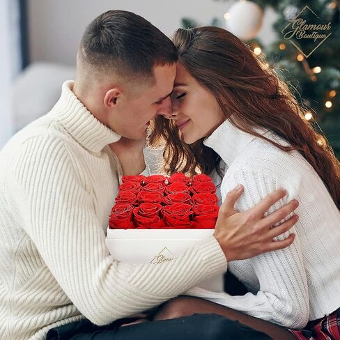الورود المحفوظة في صندوق - هدايا لها ، زوجة وأمي ، زهور الورد إلى الأبد ديكور هدية عيد ميلاد ، احصل على باقة زهرة جيدة في صندوق أبيض مع غطاء - أحمر - 16 قطعة in Kuwait