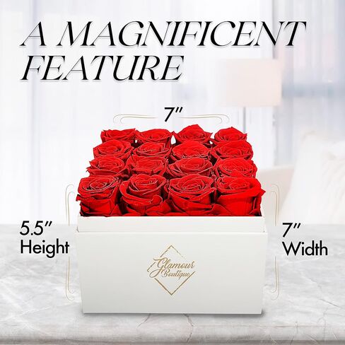 الورود المحفوظة في صندوق - هدايا لها ، زوجة وأمي ، زهور الورد إلى الأبد ديكور هدية عيد ميلاد ، احصل على باقة زهرة جيدة في صندوق أبيض مع غطاء - أحمر - 16 قطعة in Kuwait