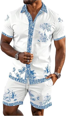 Men's 2 Piece Summer Outfits Short Sleeve Button Down Shirts and Shorts Set Beach Vacation Outfits in Saudi Arabia
