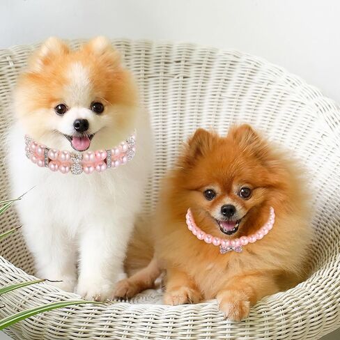 Hicarer 2 Pcs Small Dog Cat Pearl Collars and Pearl Necklace Set Cute Pet PU Leather Collars Necklace with Crystal Rhinestone for Dogs Cats Puppy Kitten Party Wedding Birthday in Saudi Arabia