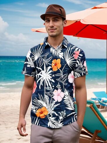 Men's Hawaiian Shirt Short Sleeves Printed Casual Button Down Funky Summer Tropical Holiday Beach Male Shirts in Saudi Arabia