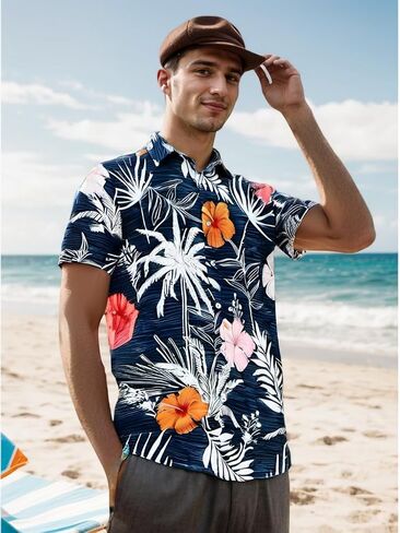 Men's Hawaiian Shirt Short Sleeves Printed Casual Button Down Funky Summer Tropical Holiday Beach Male Shirts in Saudi Arabia
