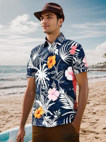 Men's Hawaiian Shirt Short Sleeves Printed Casual Button Down Funky Summer Tropical Holiday Beach Male Shirts in Saudi Arabia