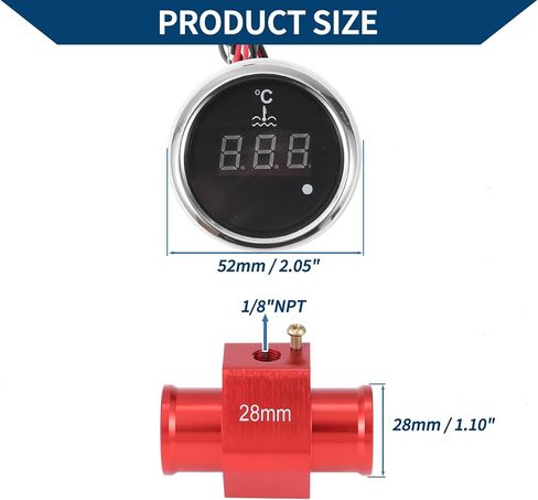 1.10" Universal Digital Water Temperature Gauge Kit with Red Joint Pipe Radiator Sensor Adaptor 100-300F - DC 12V Automotive LED Display in Saudi Arabia