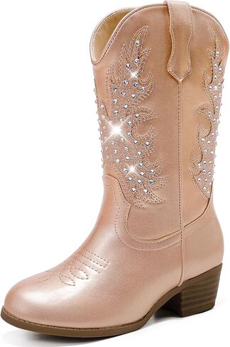 أحذية راعية البقر من حجر الراين اللامع للأطفال الصغار إلى الكبار، وسحاب متوسط ​​الساق، وكعب منخفض، وأصابع مدببة، وحفلات أعياد الميلاد in Kuwait