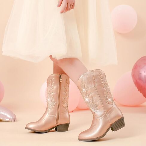 أحذية راعية البقر من حجر الراين اللامع للأطفال الصغار إلى الكبار، وسحاب متوسط ​​الساق، وكعب منخفض، وأصابع مدببة، وحفلات أعياد الميلاد in Kuwait