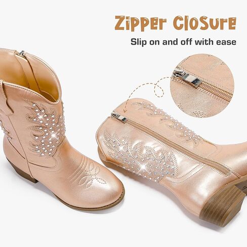 أحذية راعية البقر من حجر الراين اللامع للأطفال الصغار إلى الكبار، وسحاب متوسط ​​الساق، وكعب منخفض، وأصابع مدببة، وحفلات أعياد الميلاد in Kuwait