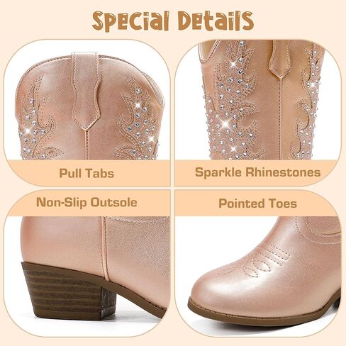 أحذية راعية البقر من حجر الراين اللامع للأطفال الصغار إلى الكبار، وسحاب متوسط ​​الساق، وكعب منخفض، وأصابع مدببة، وحفلات أعياد الميلاد in Kuwait