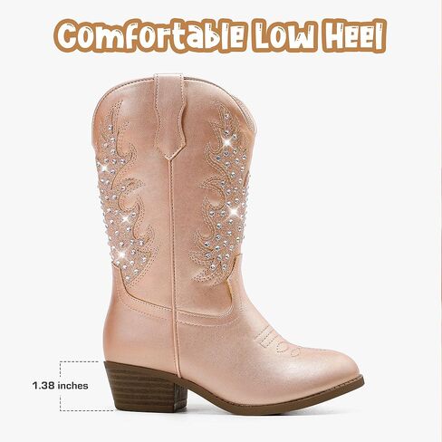 أحذية راعية البقر من حجر الراين اللامع للأطفال الصغار إلى الكبار، وسحاب متوسط ​​الساق، وكعب منخفض، وأصابع مدببة، وحفلات أعياد الميلاد in Kuwait