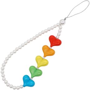 Rainbow Hand Heart Style Multi-function Bead Hanging White Phone Cell Shape Themed Chain Keychain Bohemian Rope Acrylic Beads Bracelet Wrist Decorative Camera Mobile Chinese Strap
