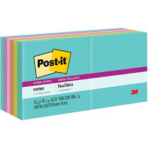 Post-it Super Sticky Notes, 12 Sticky Note Pads, 3 x 3 in., School Supplies, Office Products, Sticky Notes for Vertical Surfaces, Monitors, Walls and Windows, Supernova Neons Collection