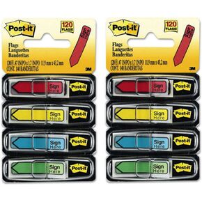 Post-it : Arrow Flags, "Sign Here", 4 Colors with Dispensers, 120 per Pack -:- Sold as 2 Packs of - 120 - / - Total of 240 Each