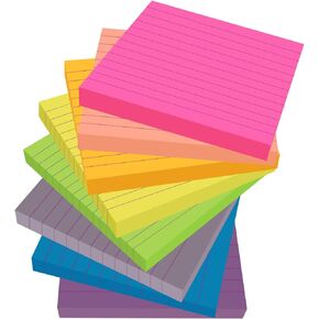 Obsentoes (8 Pack) Lined Sticky Notes Post, Bright Post Stickies Colorful Big Square Sticky Notes for Office, Home, School, Meeting,80 Sheets/pad 3x3inches（Bright)
