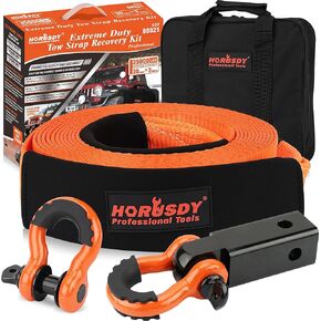 HORUSDY Nylon Heavy Duty Tow Strap Recovery Strap with Hooks 3" x 30Ft - 35,000 LBS Break Strength, 2" Shackle Hitch Receiver + 3/4 D Ring Shackles (2pcs), Recover Your Vehicle Stuck in Mud/Snow.