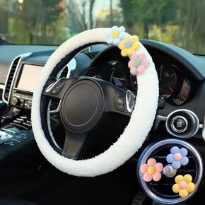 4 Pieces Cute Fuzzy Flower Steering Wheel Cover Set, YUNXNYC Floral Plush Steering Wheel Cover Fluffy with Cute Flowers Car Air Vent Clips Car Accessories Protector for Women Girls White