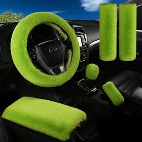 6 Packs Fluffy Faux Wool Car Steering Wheel Cover Set Furry Seatbelt Shoulder Pads Auto Center Console Armrest Pads & Gear Shift Knob Cover Handbrake Cover Universal Warm Winter (Pink)