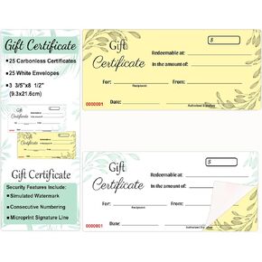Gift Certificate Book with Stub Two-Part Book of Gift Voucher Books Gift Consecutive Numbering Certificates Paper Available Carbonless Tag 25 per Pack with Envelopes
