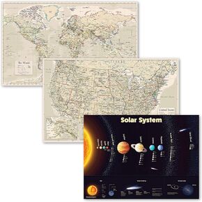 Palace Learning 3 Pack - Antique Style World & USA Maps + Solar System Poster Set (LAMINATED, 18" x 29")