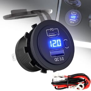 Type-C PD Charger Socket + USB QC 3.0 Charger + Voltmeter with Waterproof Cover 12V/24V Blue Led for Rocker Switch Switch Panel On Marine Boat Rv Vehicles Motorcycle (Round)