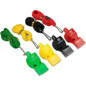 Soccer Coach Whistles - 4 Referee Multicolor Whistles with Lanyard and Bag