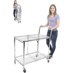 Stand Steady Original Tubstr Collapsible 2 Shelf Wire Cart, Easy to Push Heavy Duty Rolling Utility Cart, Holds 200 Pounds & Folds Up for Storage, Commercial Grade (Chrome, 33.75in x 19.5in x 39.5in)