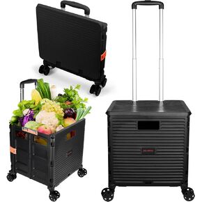 Foldable Utility Cart Portable Rolling Crate Handcart Shopping Trolley Collapsible 4 Rotate Wheels with Durable Heavy Duty Plastic Telescoping Handle for Travel Shopping Moving Storage Office Use