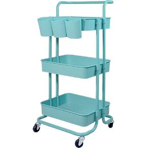 3-Tier Multifunction Rolling Cart Utility Storage Shelves Cart with Hanging Cup Lockable Wheels and Handle for Office Living Room Kitchen Bathroom (Black)