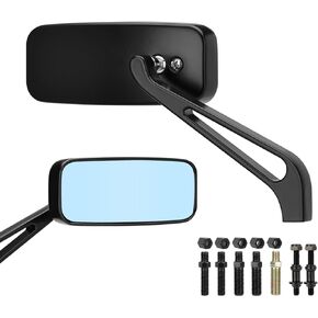 Motorcycle Rectangle Rearview Mirror 8mm 10mm Blue Lens Side Mirrors 360 Degree Black Universal Replacement for Harley Softail Touring Sportster Cruiser Street Bike Scooter Chopper