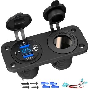 Cigarette Lighter Socket 12V USB Outlet, Qidoe Quick Charge 3.0 Dual USB Car Port with LED Voltmeter and 200W Car Adapter Waterproof DIY Power Socket Panel for 12V-24V Car Boat Marine RV Golf Cart