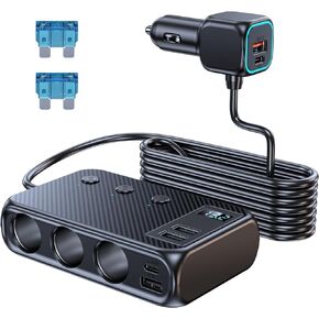 محول ولاعة السجائر في السيارة، 9 في 1 USB C شاحن سيارة مقبس ولاعة السجائر مع شاحن USB 6 منافذ مخرج تيار مستمر 12 فولت/24 فولت مع الفولتميتر شحن سريع لأجهزة الكمبيوتر المحمول والهاتف
