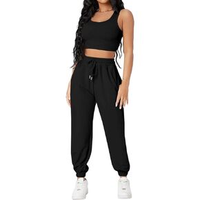LovelyWholesale Women Cropped Tank Top and Jogger Workout Sets Sleeveless 2 Piece Outfits