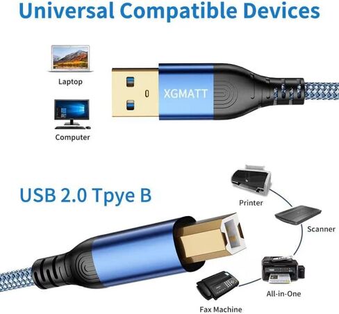 كابل طابعة XGAMTT USB A إلى USB B بطول 10 أقدام، كابل طابعة USB 2.0 كابل USB-A إلى USB-B، سلك طابعة ماسح ضوئي مجدول من النايلون عالي السرعة لـ HP Canon Dell Epson Brother Xerox Samsung Piano DAC والمزيد - أزرق in Kuwait