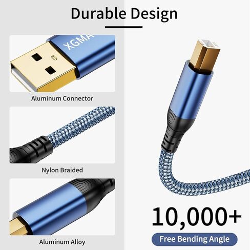 كابل طابعة XGAMTT USB A إلى USB B بطول 10 أقدام، كابل طابعة USB 2.0 كابل USB-A إلى USB-B، سلك طابعة ماسح ضوئي مجدول من النايلون عالي السرعة لـ HP Canon Dell Epson Brother Xerox Samsung Piano DAC والمزيد - أزرق in Kuwait