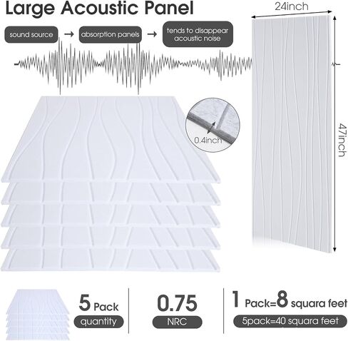 5 Pack Large Art Acoustic Panels Sound Absorbing 47x23.6x0.4 Inch Self Adhesive Sound Dampening Panels Noise Reduction Panels Decorative Sound Proof Wall Panels for Home Office Studio (Black) in Saudi Arabia