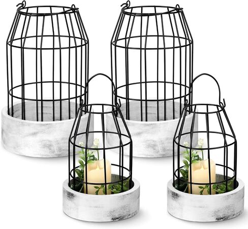 4 Pcs Rustic Farmhouse Lantern Decor Decorative Lanterns Holder Modern Wire Metal Cloche for Your Living Room, Fireplace, Mantle, Kitchen, Dining Room, Table, Home, Centerpieces Decoration in Saudi Arabia