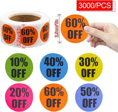 3000 Pieces Percent Off Sticker, 10% to 60% Percent Off Stickers Discount Stickers for Retail Sale Signs for Retail Store 6 Rolls of Round Self-Adhesive Retail Labels in Saudi Arabia