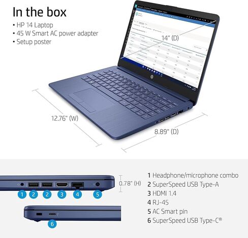 كمبيوتر محمول HP 14 بوصة خفيف للغاية للطلاب والأعمال، معالج Intel Celeron، ذاكرة وصول عشوائي 8 جيجابايت، 64 جيجابايت eMMC + بطاقة Ghost Manta SD سعة 128 جيجابايت، مكتب 365 لمدة عام، شحن سريع، HDMI، USB-A&C، ويندوز 11 in Saudi Arabia