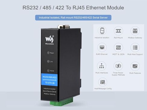Waveshare RS232/485/422 إلى محول إيثرنت RJ45 خادم تسلسلي RS232/485/422 معزول صناعيًا، TCP/IP إلى بوابة Modbus التسلسلية، بوابة MQTT متعددة الوظائف، دعم تثبيت السكك الحديدية in Saudi Arabia