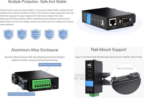 Waveshare RS232/485/422 إلى محول إيثرنت RJ45 خادم تسلسلي RS232/485/422 معزول صناعيًا، TCP/IP إلى بوابة Modbus التسلسلية، بوابة MQTT متعددة الوظائف، دعم تثبيت السكك الحديدية in Saudi Arabia