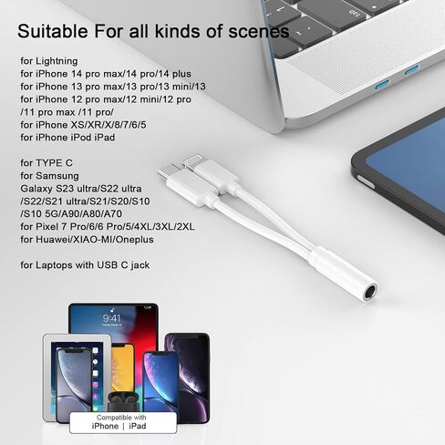 [معتمد من Apple MFi] محول مقبس سماعة الرأس Lightning إلى 3.5 مم + محول مقبس سماعة الرأس USB-C إلى 3.5 مم، 2 حزمة محول صوت iPad من النوع C إلى 3.5 مم لهاتف iPhone 15 14 13 12 11 8 7 Galaxy S23+، S22 in Kuwait