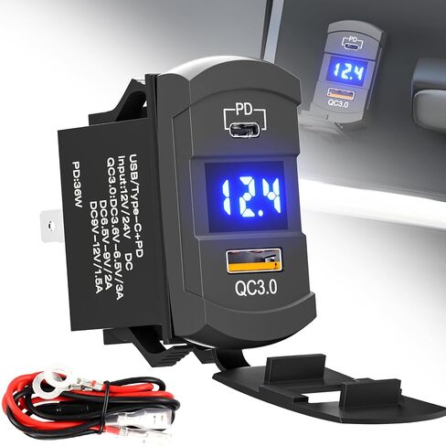 مقبس شاحن PD من النوع C + شاحن USB QC 3.0 + مقياس الفولتميتر مع غطاء مقاوم للماء 12 فولت/24 فولت LED أزرق للوحة مفاتيح مفتاح الروك على المركبات البحرية RV والدراجات النارية (دائرية) in Kuwait